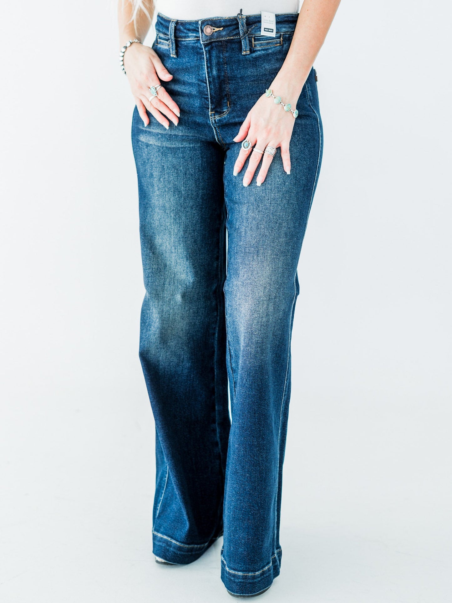 Judy Blue High - Waist Wide Leg Tummy Control Front Welt Pocket Jeans - Whiskey Skies - JUDY BLUE