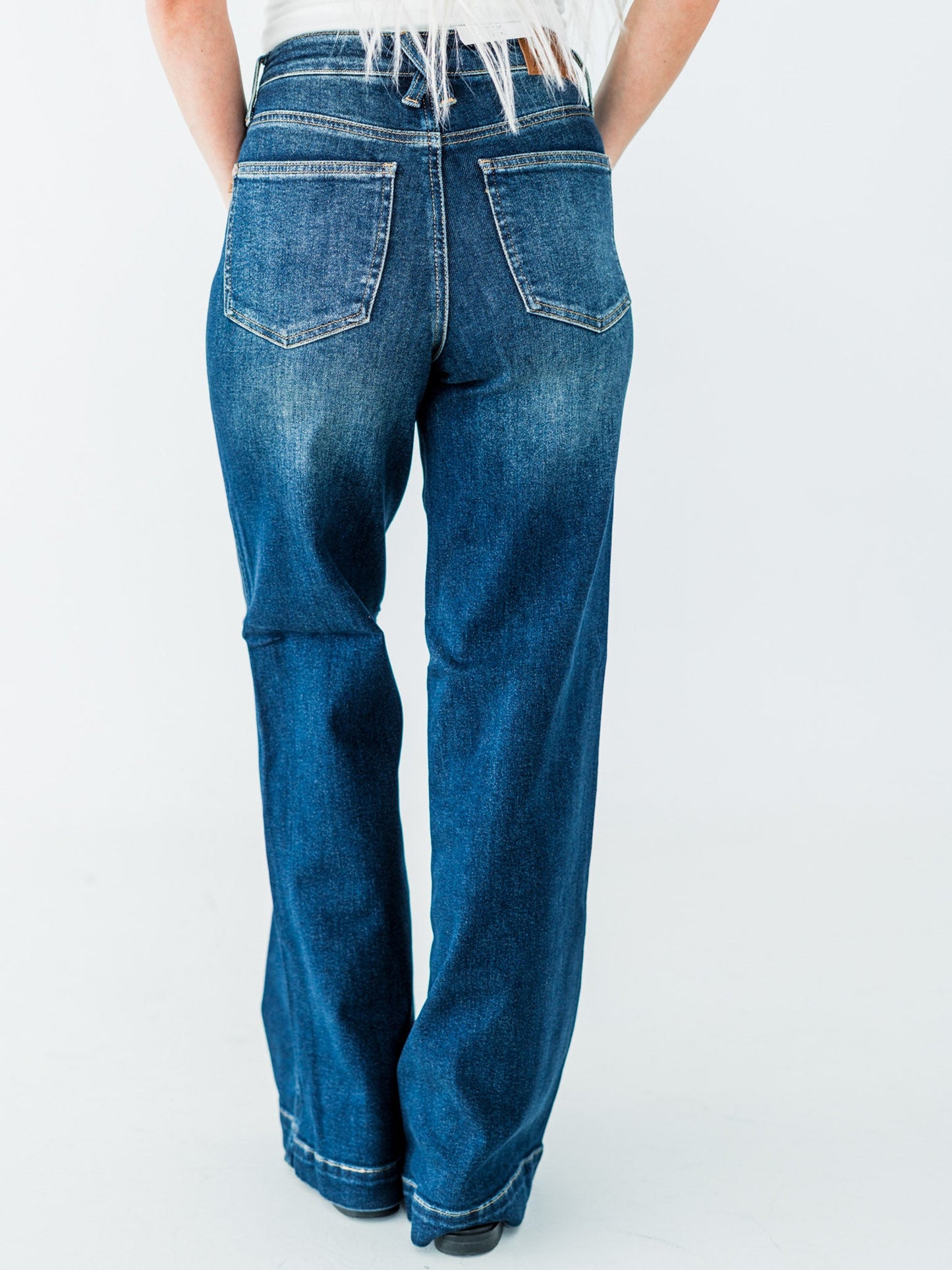 Judy Blue High - Waist Wide Leg Tummy Control Front Welt Pocket Jeans - Whiskey Skies - JUDY BLUE