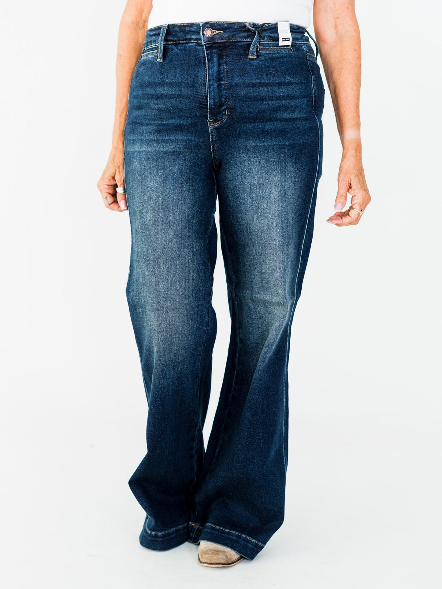 Judy Blue High - Waist Wide Leg Tummy Control Front Welt Pocket Jeans - Whiskey Skies - JUDY BLUE