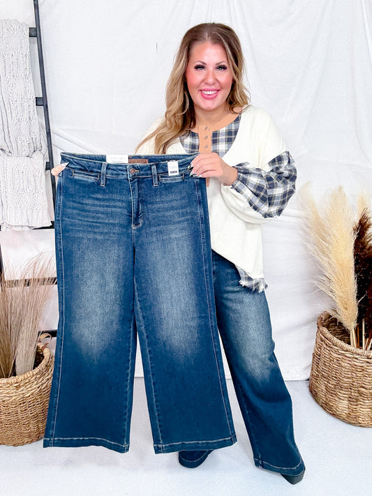 Judy Blue High - Waist Wide Leg Tummy Control Front Welt Pocket Jeans - Whiskey Skies - JUDY BLUE