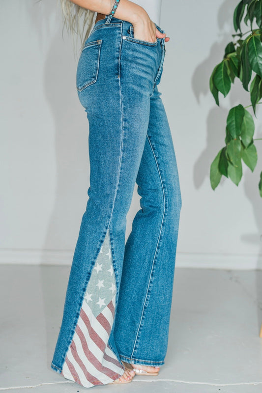 Judy Blue High Waisted Americana Flag Print Flare Jeans - Whiskey Skies - JUDY BLUE