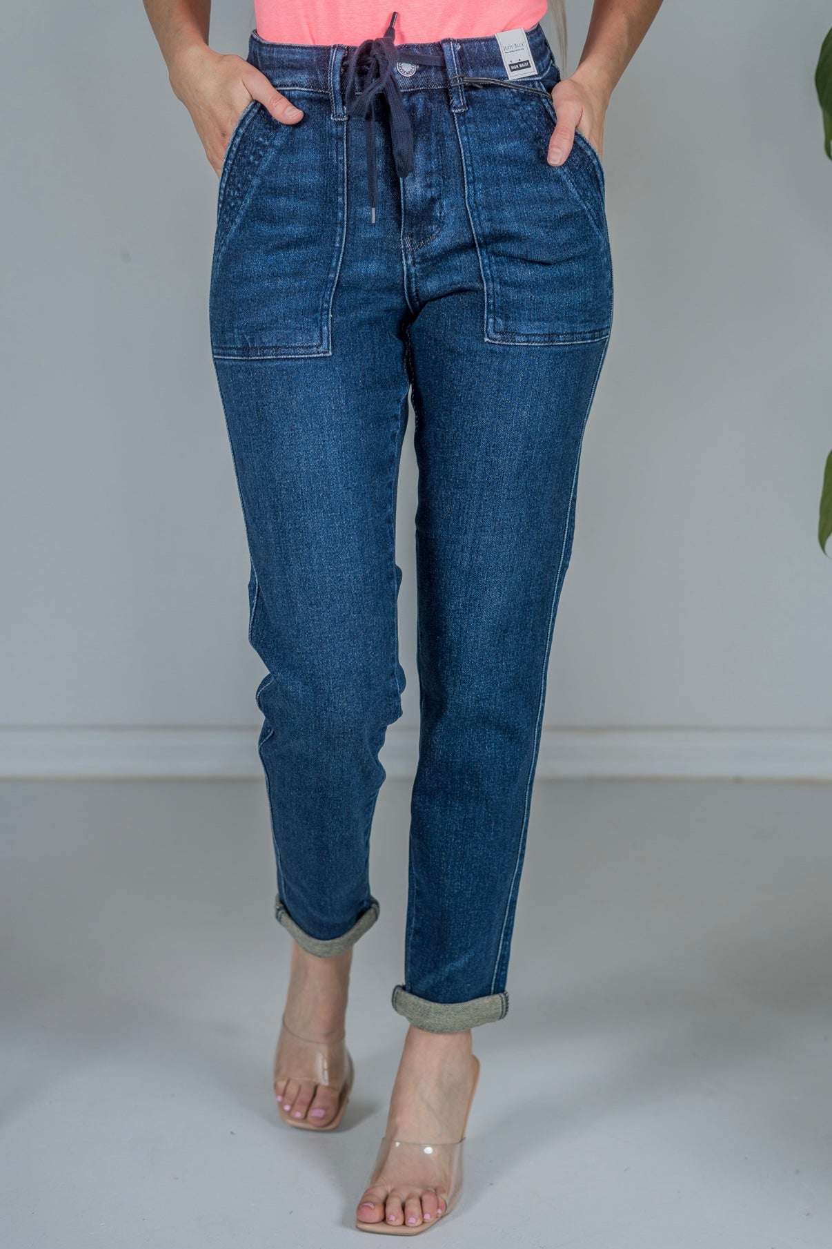 Judy Blue High Waisted Double Cuff Dark Wash Joggers - Whiskey Skies - JUDY BLUE