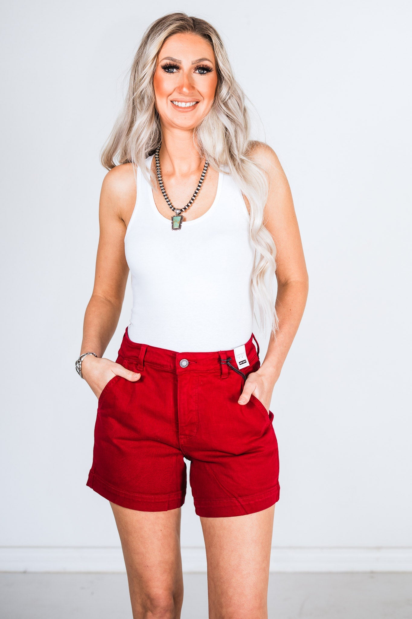 Judy Blue High Waisted Scarlet Shorts with Heart Shaped Pockets - Whiskey Skies - Whiskey Skies