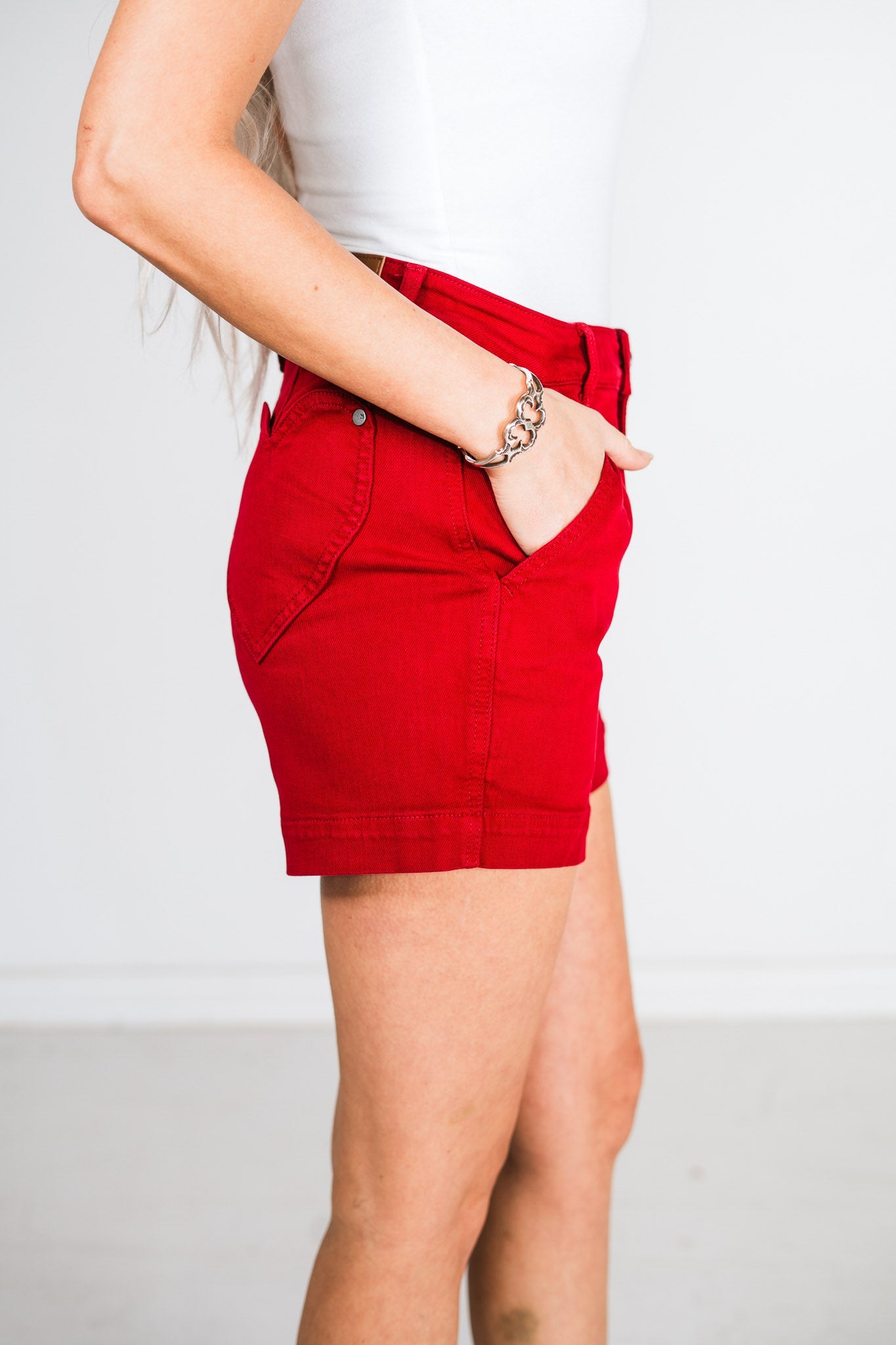 Judy Blue High Waisted Scarlet Shorts with Heart Shaped Pockets - Whiskey Skies - Whiskey Skies