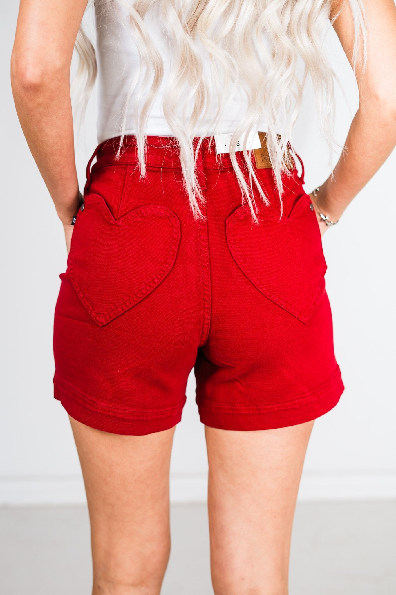 Judy Blue High Waisted Scarlet Shorts with Heart Shaped Pockets - Whiskey Skies - Whiskey Skies