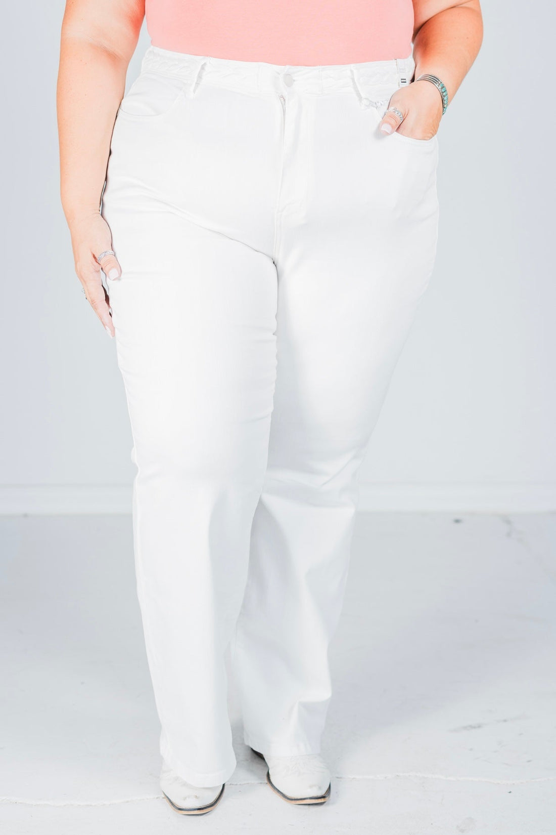 Judy Blue High Waisted White Wide Leg Jeans with Braided Waistband - Whiskey Skies - JUDY BLUE