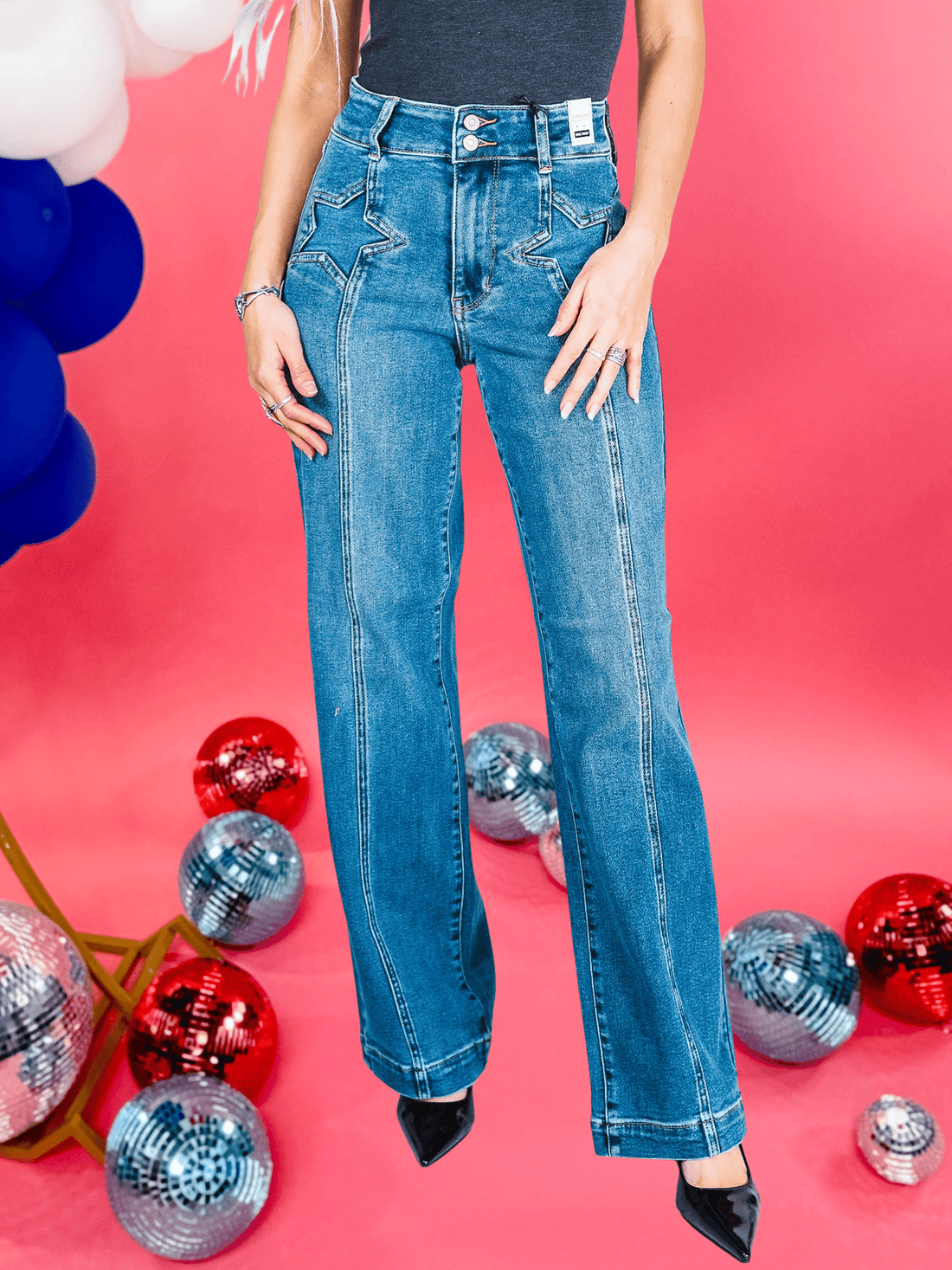 Judy Blue High Waisted Wide Leg Jeans with Star Seam Details - Whiskey Skies - JUDY BLUE