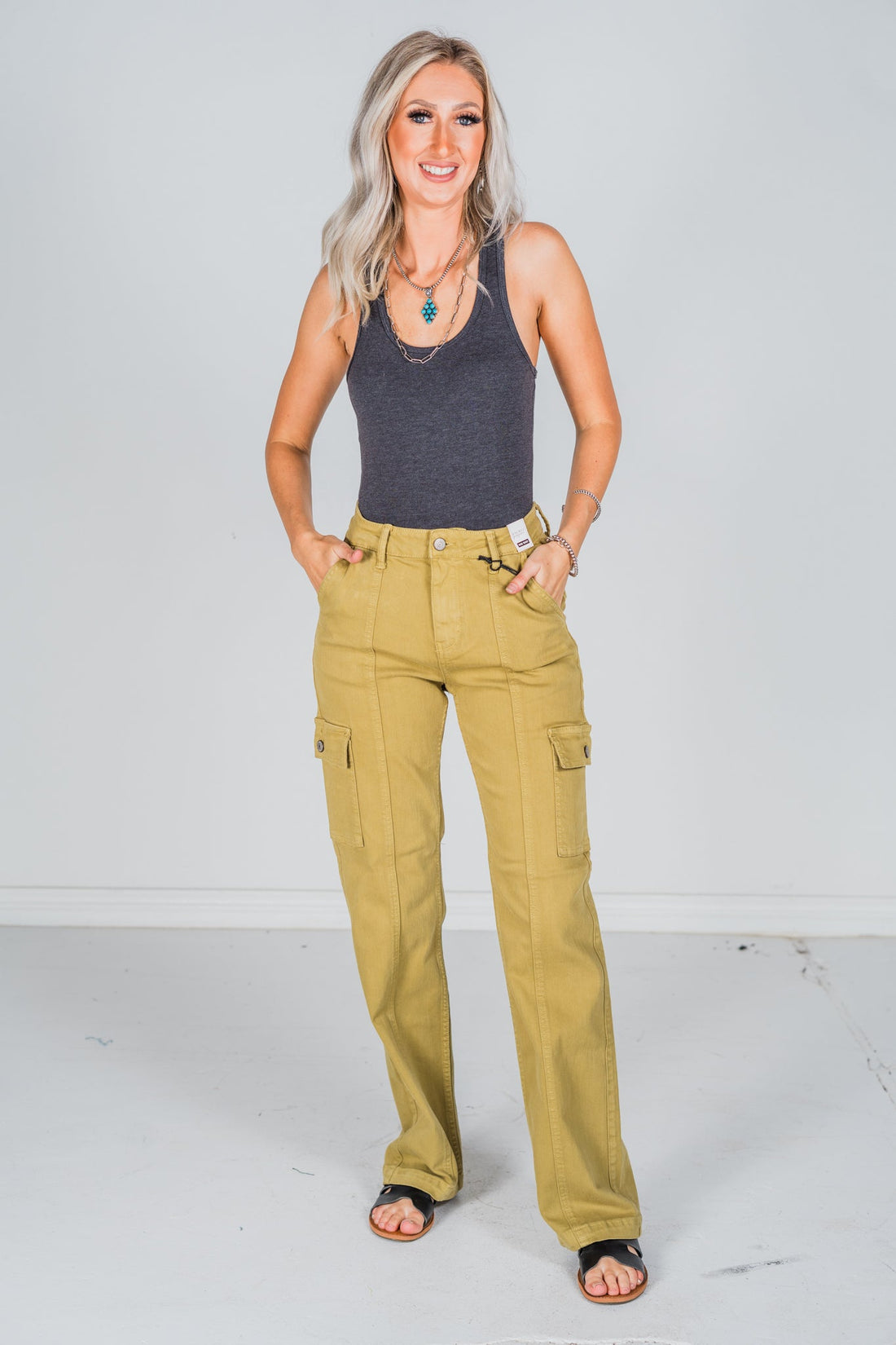 Judy Blue Matcha Garment Dyed Cargo Straight Jeans - Whiskey Skies - JUDY BLUE