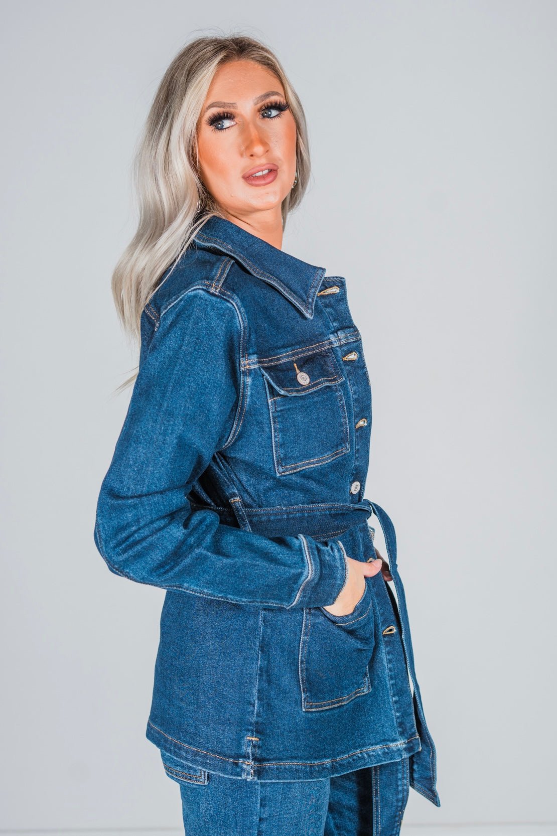 Judy Blue Mid Length Denim Utility Jacket with Side Slit - Whiskey Skies - JUDY BLUE