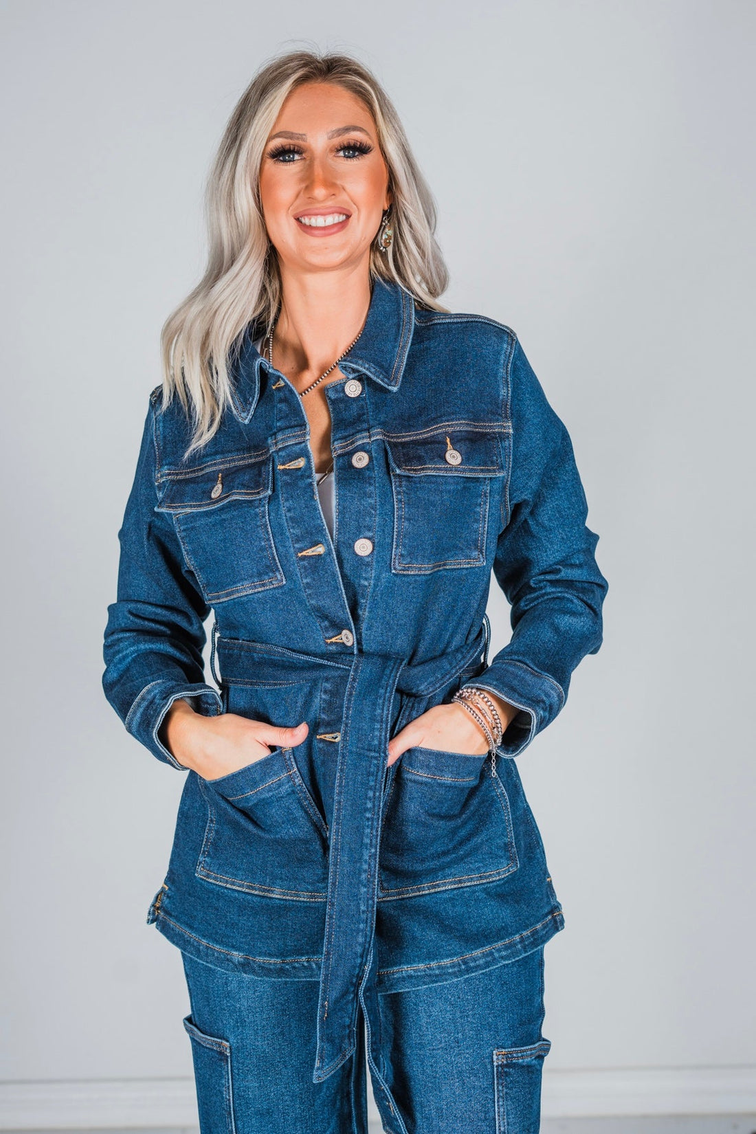 Judy Blue Mid Length Denim Utility Jacket with Side Slit - Whiskey Skies - JUDY BLUE