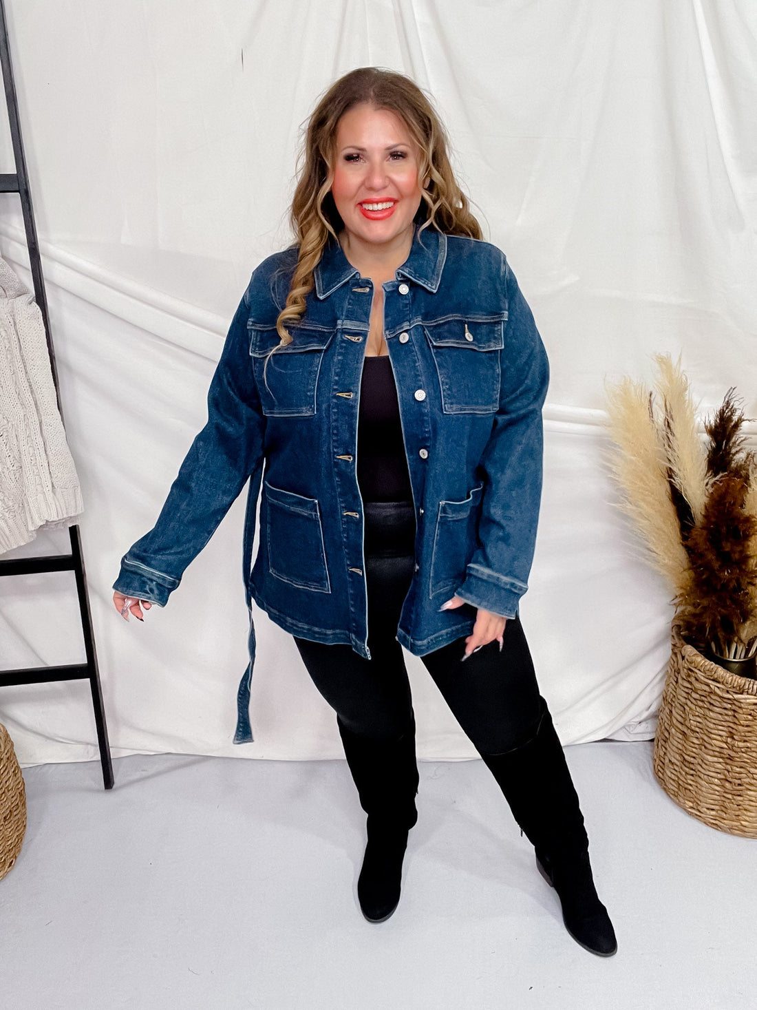 Judy Blue Mid Length Denim Utility Jacket with Side Slit - Whiskey Skies - JUDY BLUE