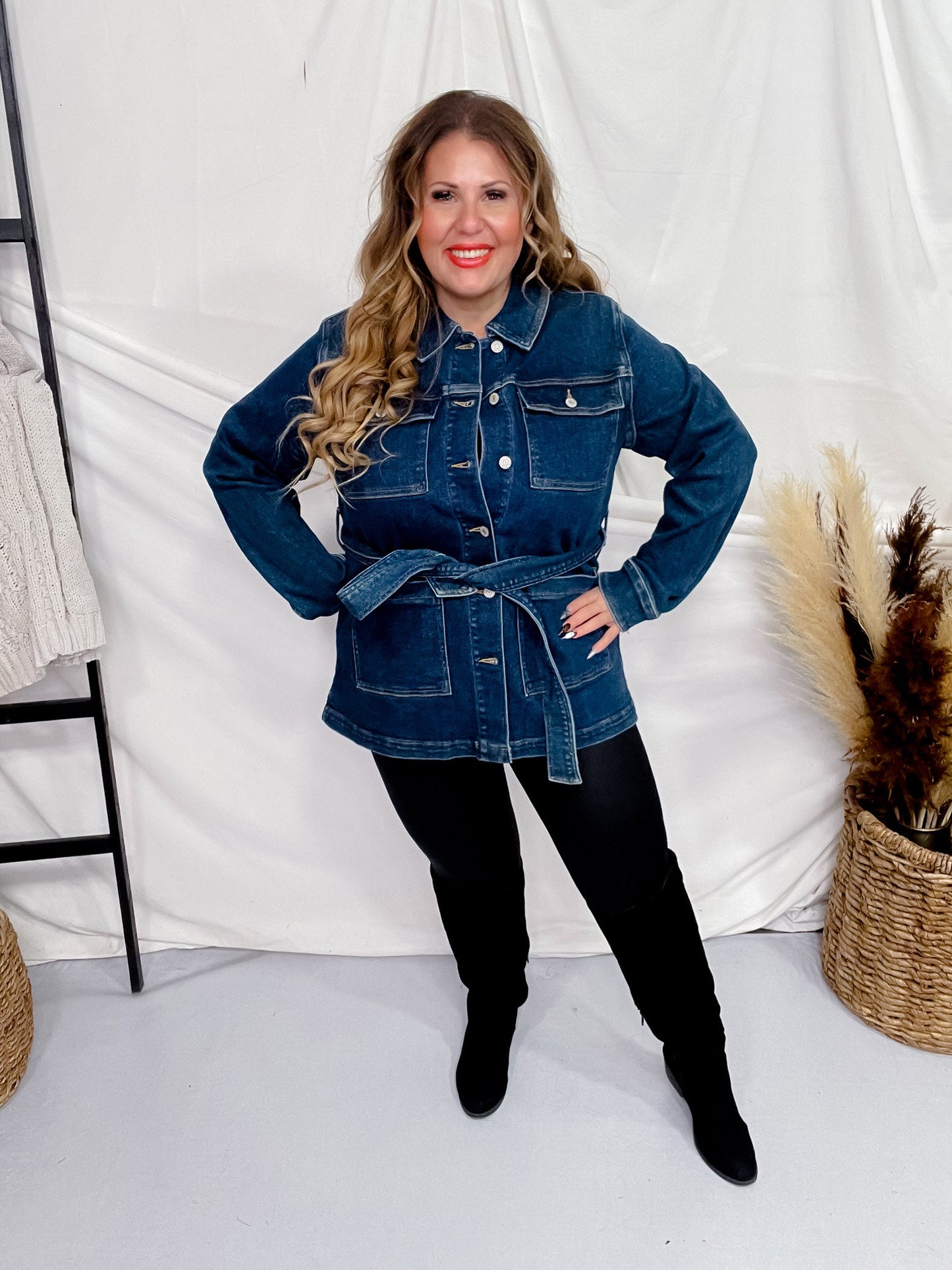 Judy Blue Mid Length Denim Utility Jacket with Side Slit - Whiskey Skies - JUDY BLUE