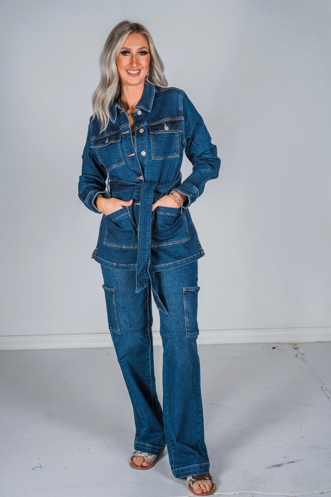 Judy Blue Mid Length Denim Utility Jacket with Side Slit - Whiskey Skies - JUDY BLUE