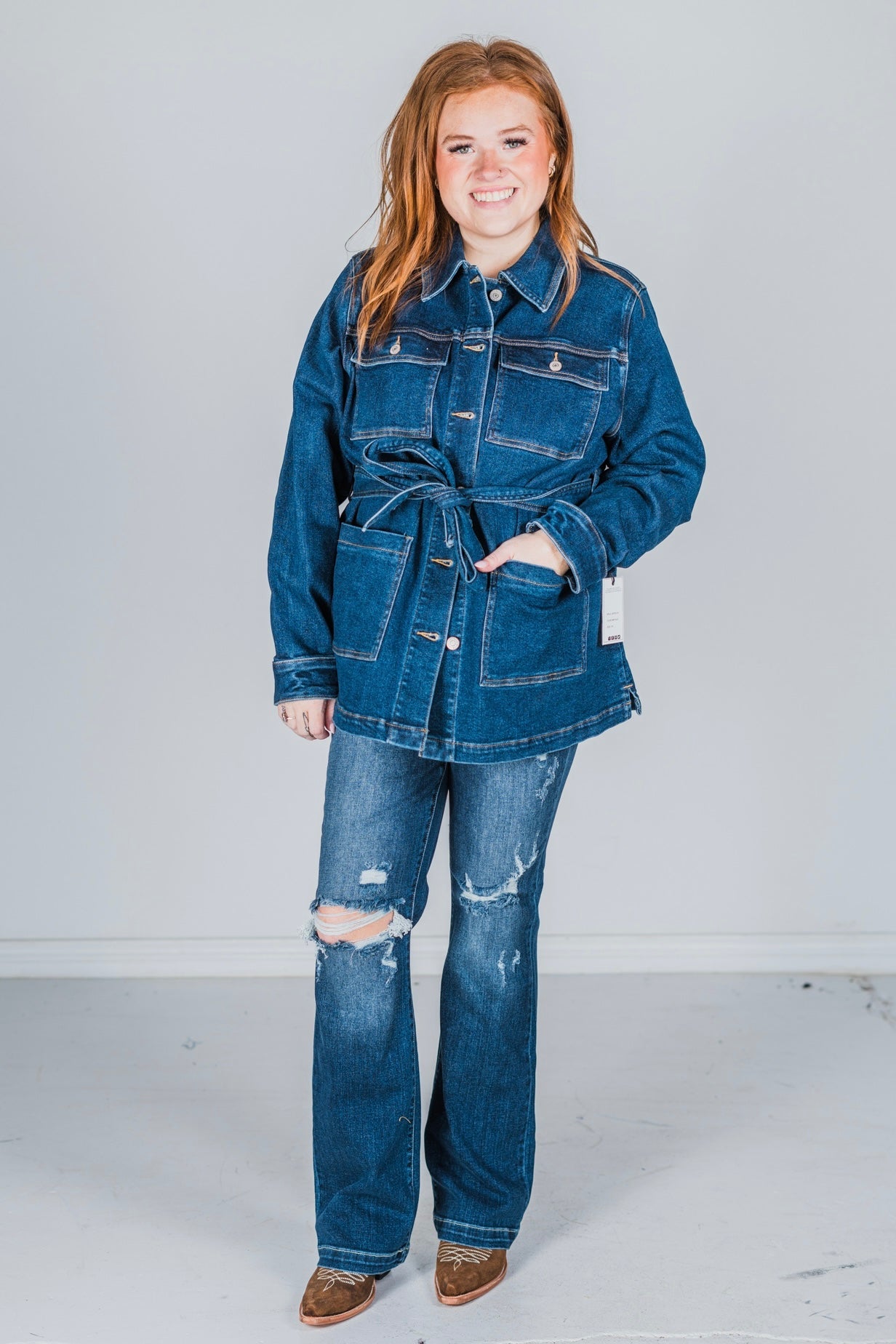 Judy Blue Mid Length Denim Utility Jacket with Side Slit - Whiskey Skies - JUDY BLUE