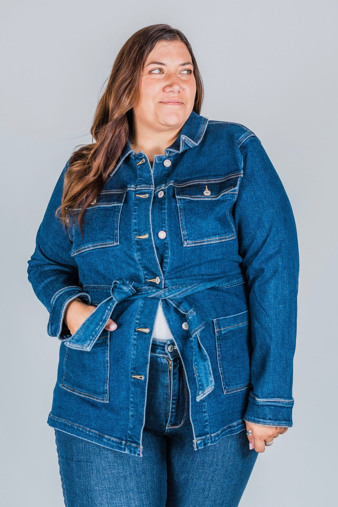 Judy Blue Mid Length Denim Utility Jacket with Side Slit - Whiskey Skies - JUDY BLUE