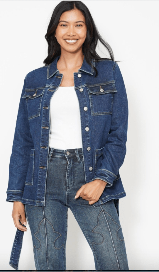 Judy Blue Mid Length Denim Utility Jacket with Side Slit - Whiskey Skies - JUDY BLUE