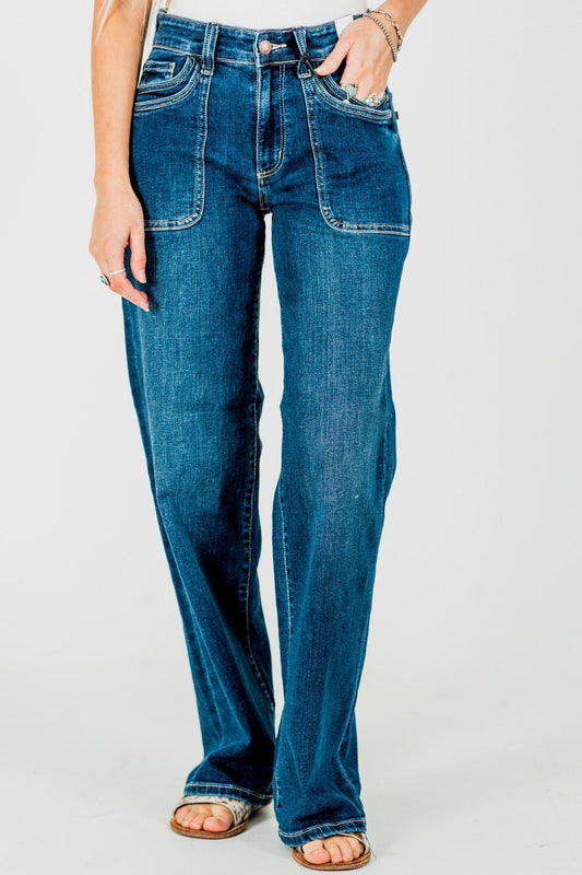 Judy Blue Mid Rise 90's Straight Jeans With Double Pockets - Whiskey Skies - JUDY BLUE