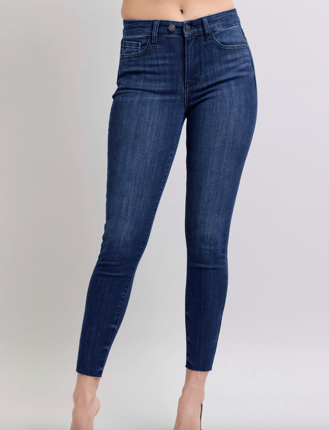 Judy Blue Mid Rise Adjustable Waist Skinny Raw Hem Jeans - Whiskey Skies - JUDY BLUE