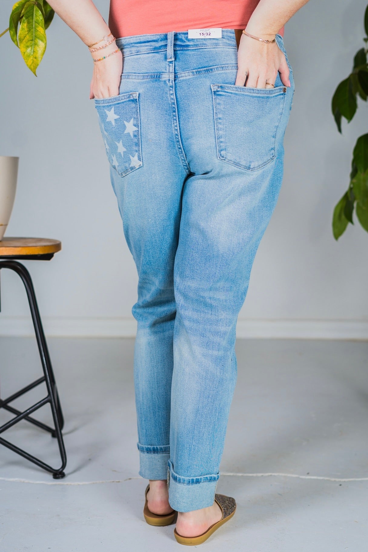 Judy Blue Mid Rise Americana Print Cuffed Boyfriend Jeans - Whiskey Skies - JUDY BLUE
