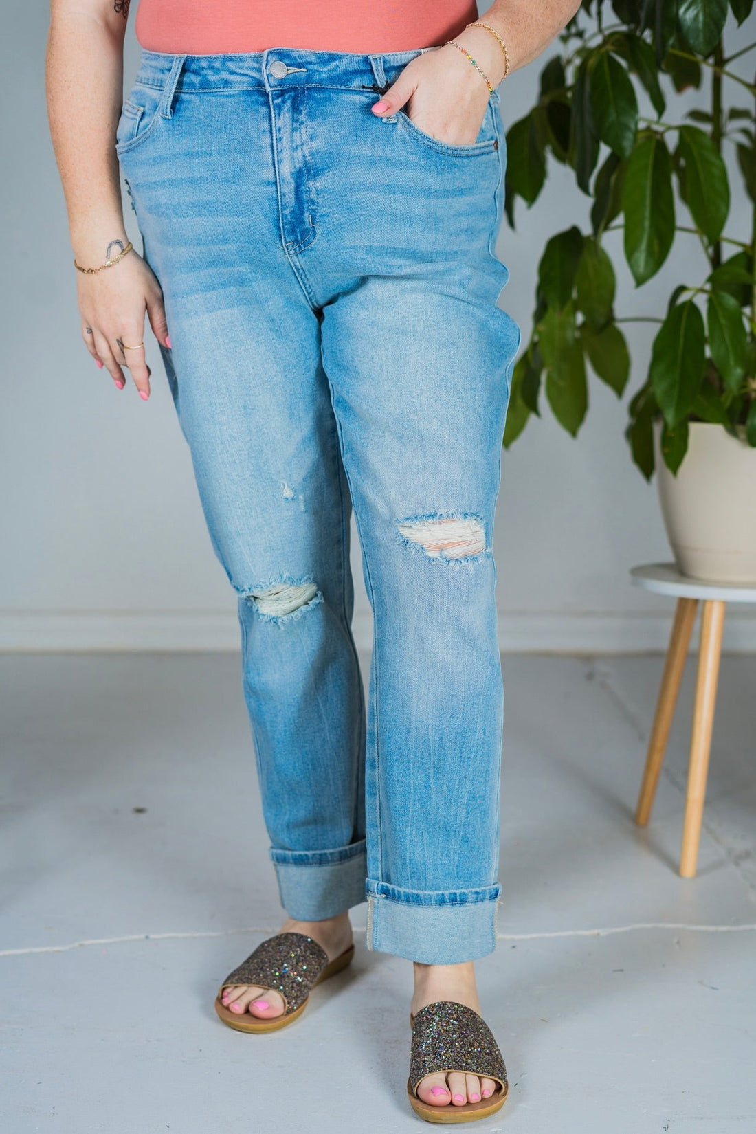 Judy Blue Mid Rise Americana Print Cuffed Boyfriend Jeans - Whiskey Skies - JUDY BLUE