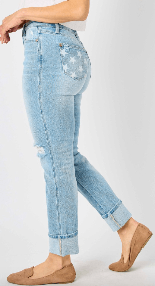 Judy Blue Mid Rise Americana Print Cuffed Boyfriend Jeans - Whiskey Skies - JUDY BLUE