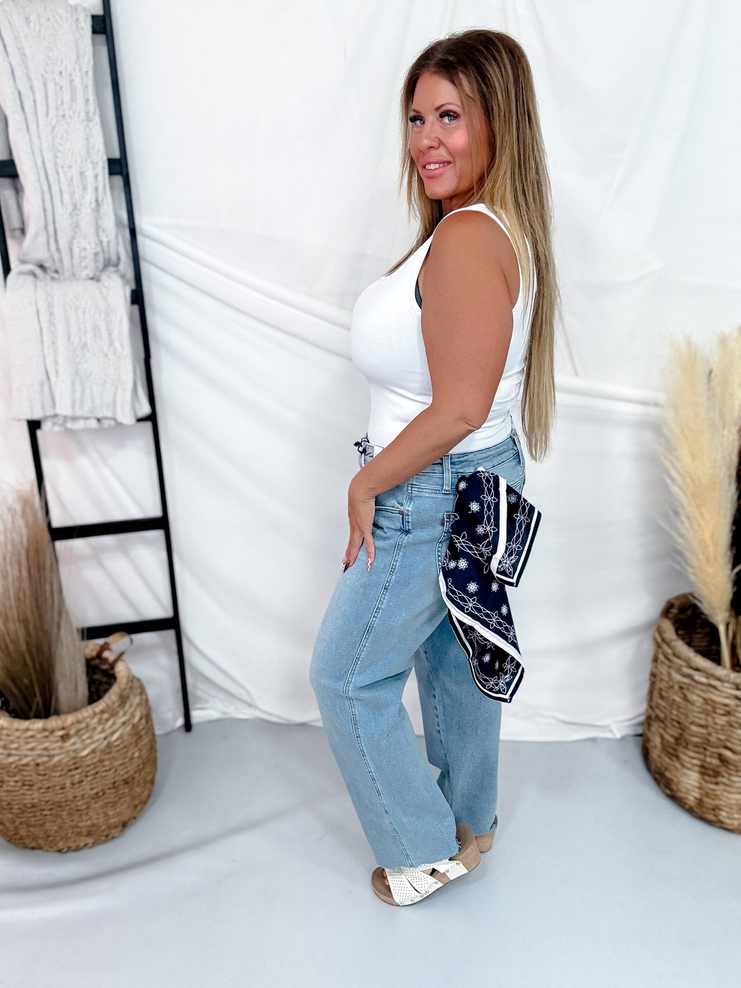 Judy Blue Mid Rise Ankle Straight Leg Jeans With Bandana Loop - Whiskey Skies - JUDY BLUE