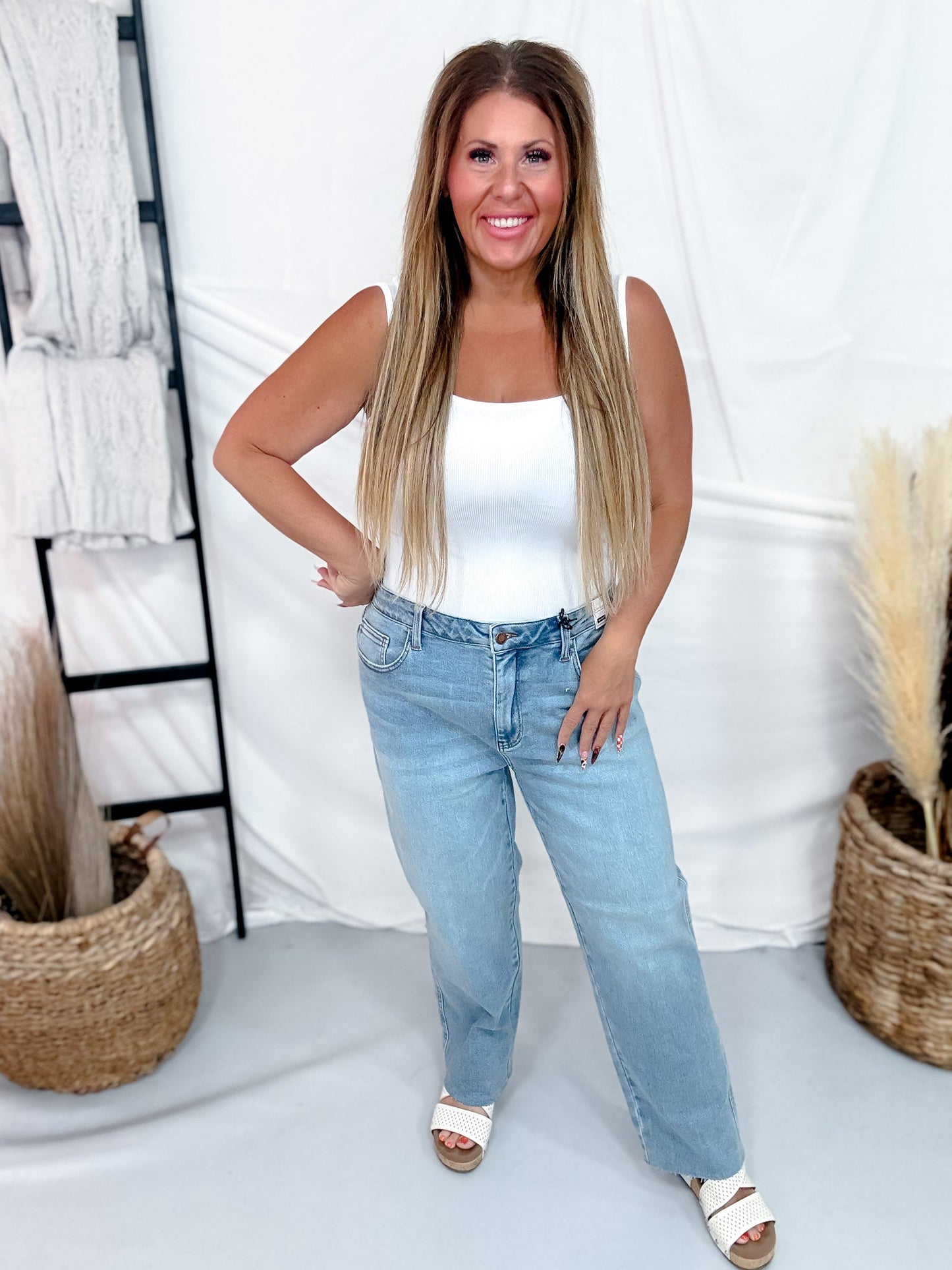 Judy Blue Mid Rise Ankle Straight Leg Jeans With Bandana Loop - Whiskey Skies - JUDY BLUE
