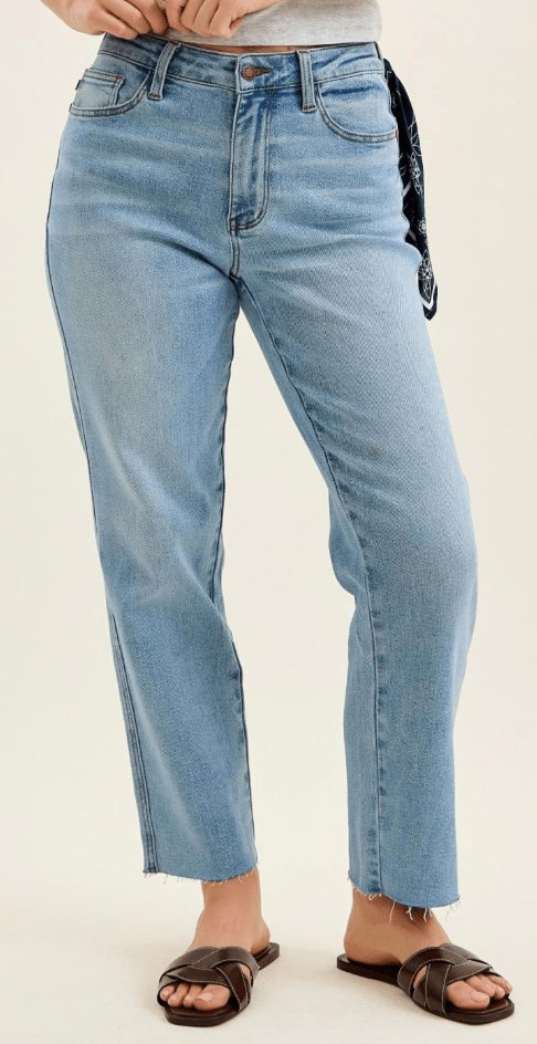 Judy Blue Mid Rise Ankle Straight Leg Jeans With Bandana Loop - Whiskey Skies - JUDY BLUE