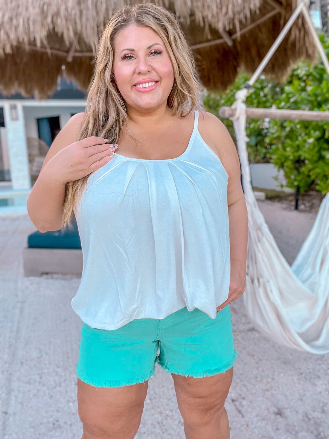 Judy Blue Mid Rise Aquamarine Garment Dyed Fray Hem Shorts - Whiskey Skies - JUDY BLUE