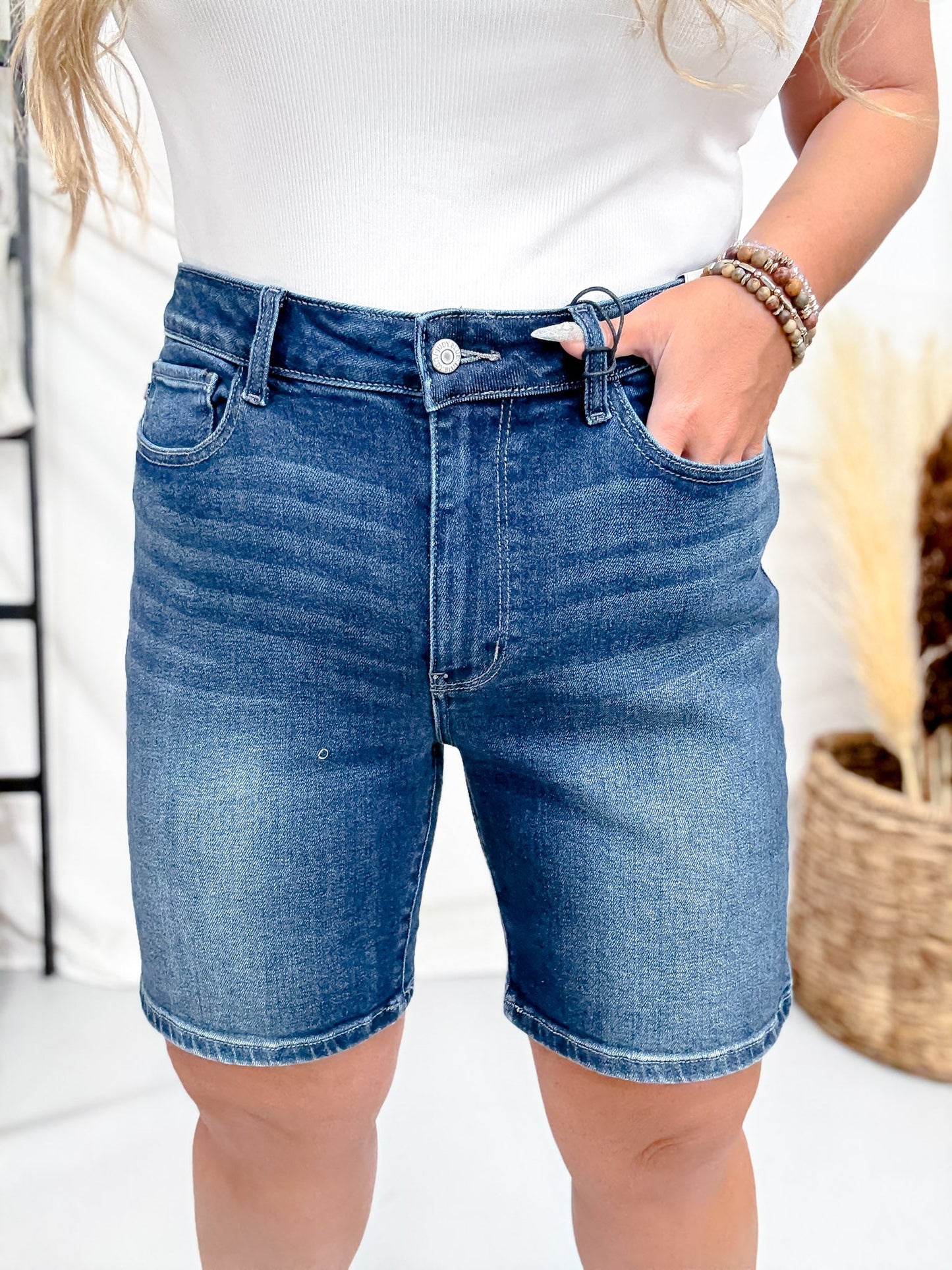 Judy Blue Mid - Rise Bermuda Denim Shorts - Whiskey Skies - JUDY BLUE
