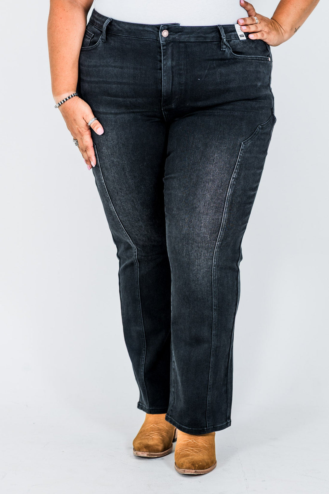Judy Blue Mid - Rise Black Straight Leg Western Seam Detail Jeans - Whiskey Skies - JUDY BLUE