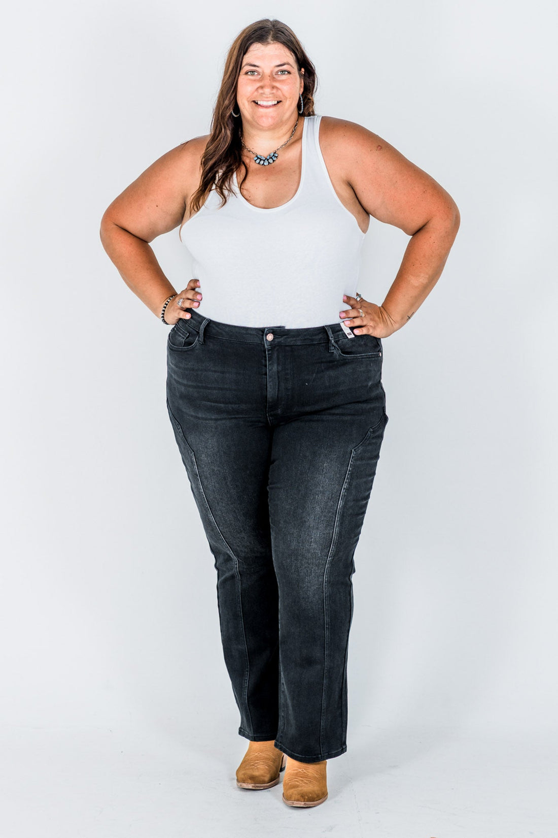 Judy Blue Mid - Rise Black Straight Leg Western Seam Detail Jeans - Whiskey Skies - JUDY BLUE