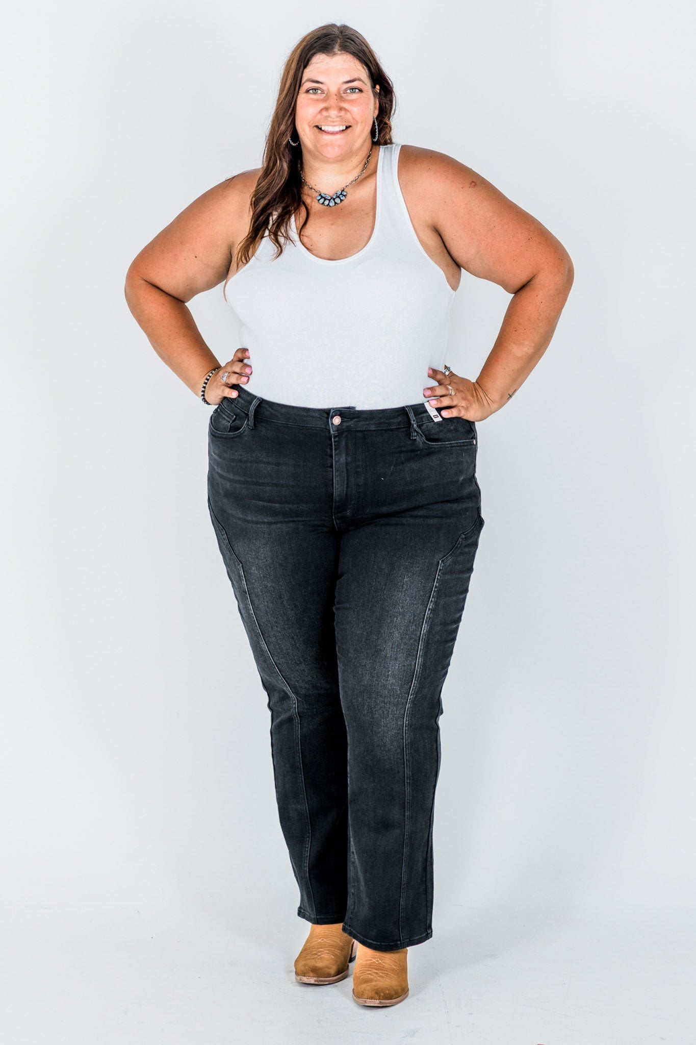 Judy Blue Mid - Rise Black Straight Leg Western Seam Detail Jeans - Whiskey Skies - JUDY BLUE