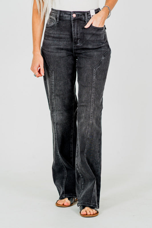 Judy Blue Mid - Rise Black Straight Leg Western Seam Detail Jeans - Whiskey Skies - JUDY BLUE