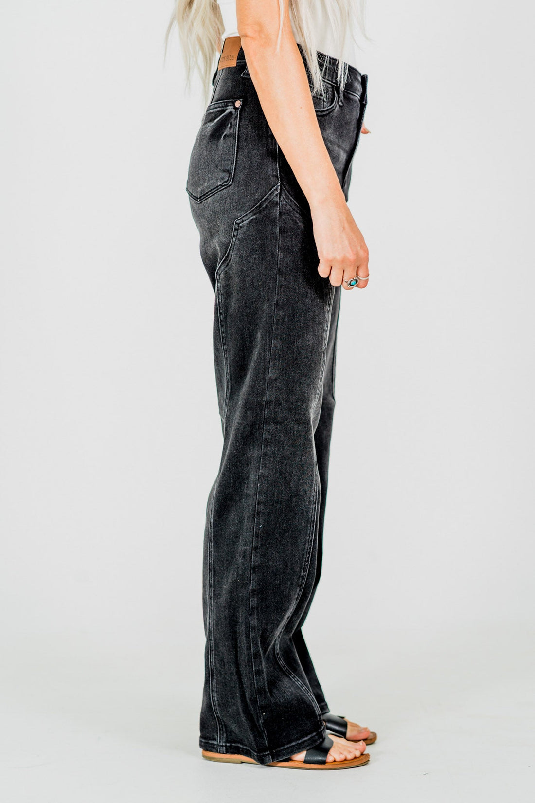 Judy Blue Mid - Rise Black Straight Leg Western Seam Detail Jeans - Whiskey Skies - JUDY BLUE