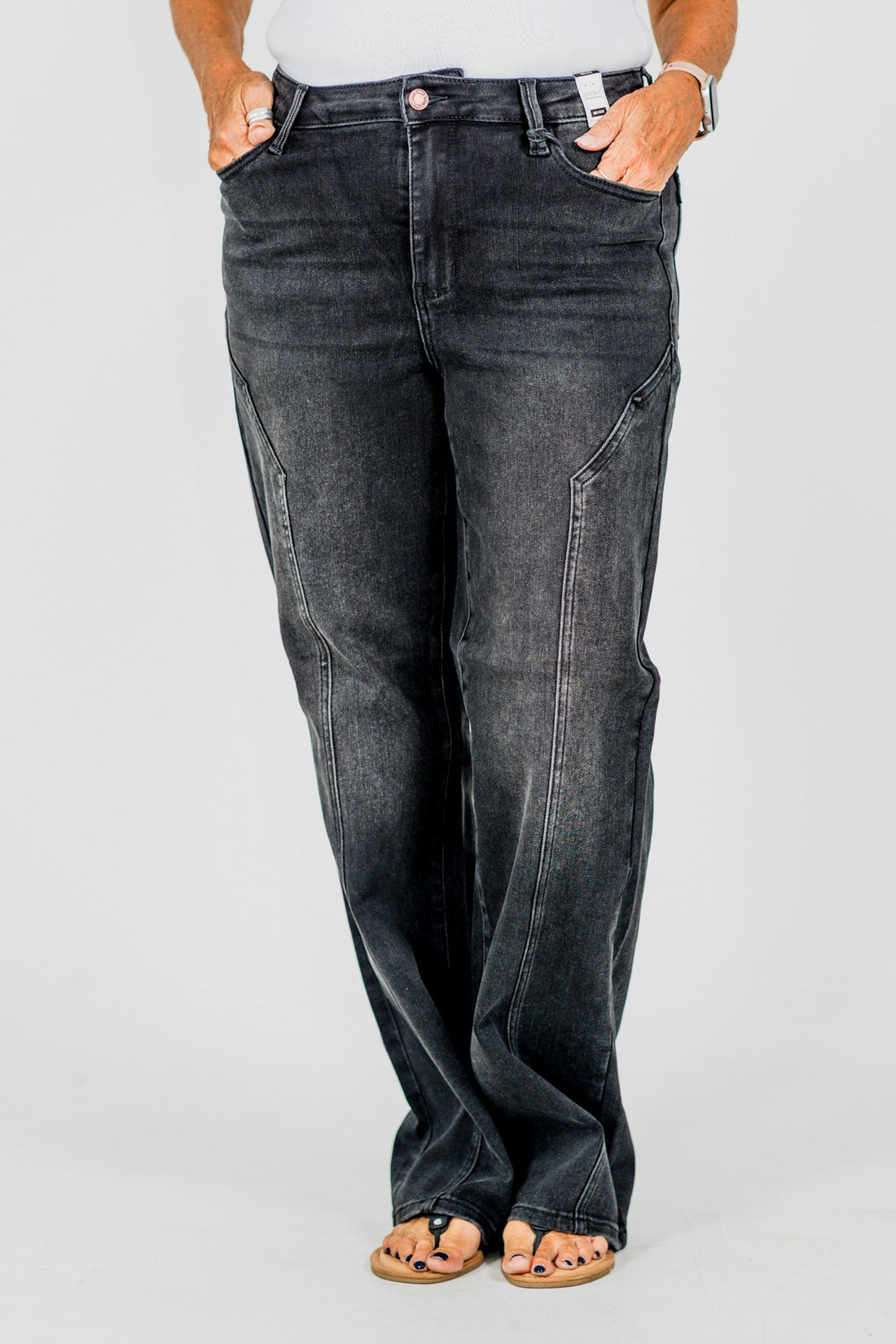 Judy Blue Mid - Rise Black Straight Leg Western Seam Detail Jeans - Whiskey Skies - JUDY BLUE