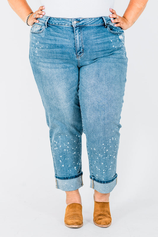 Judy Blue Mid Rise Bleach Splatter Boyfriend Jeans - Whiskey Skies - JUDY BLUE
