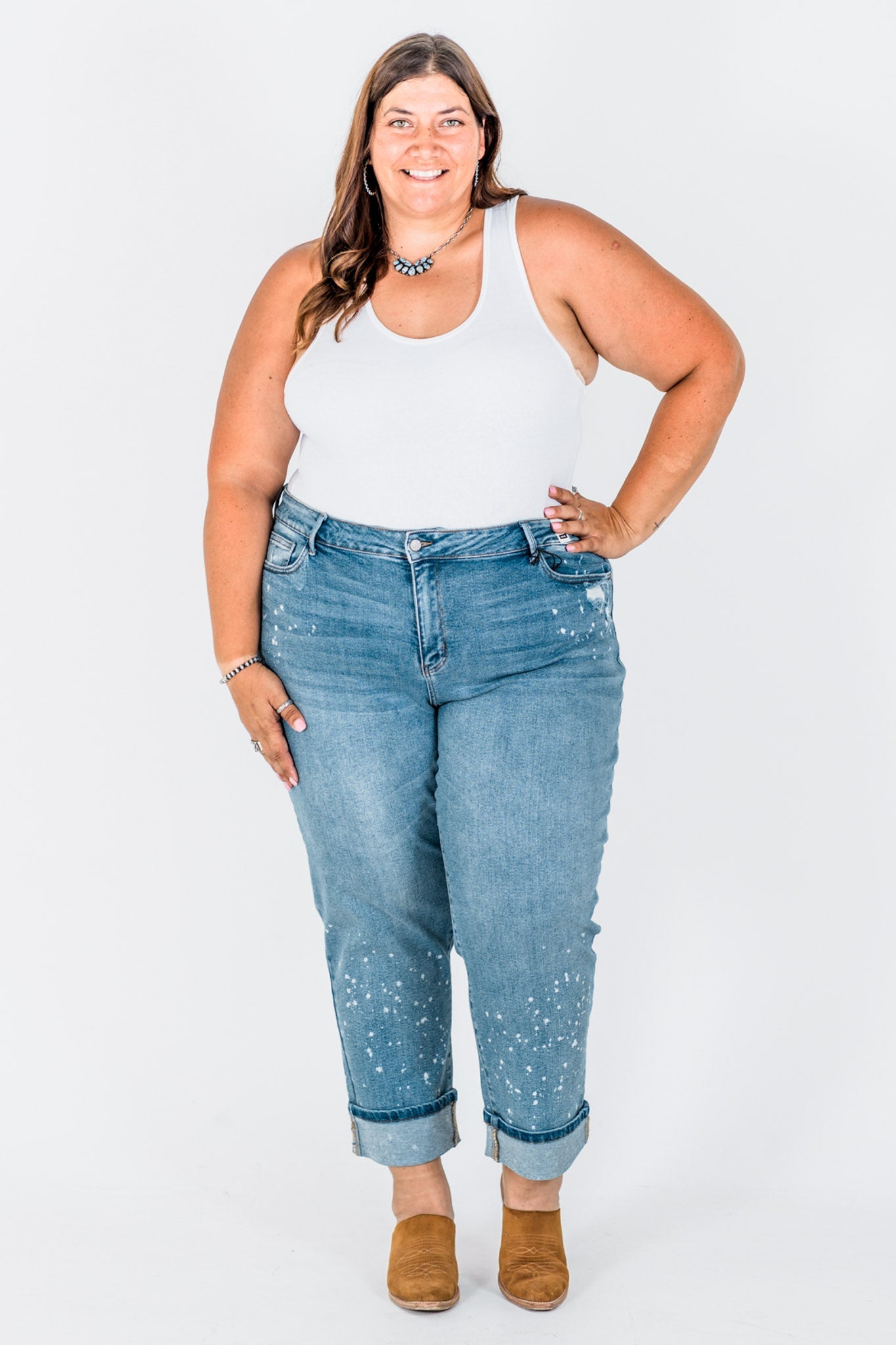 Judy Blue Mid Rise Bleach Splatter Boyfriend Jeans - Whiskey Skies - JUDY BLUE