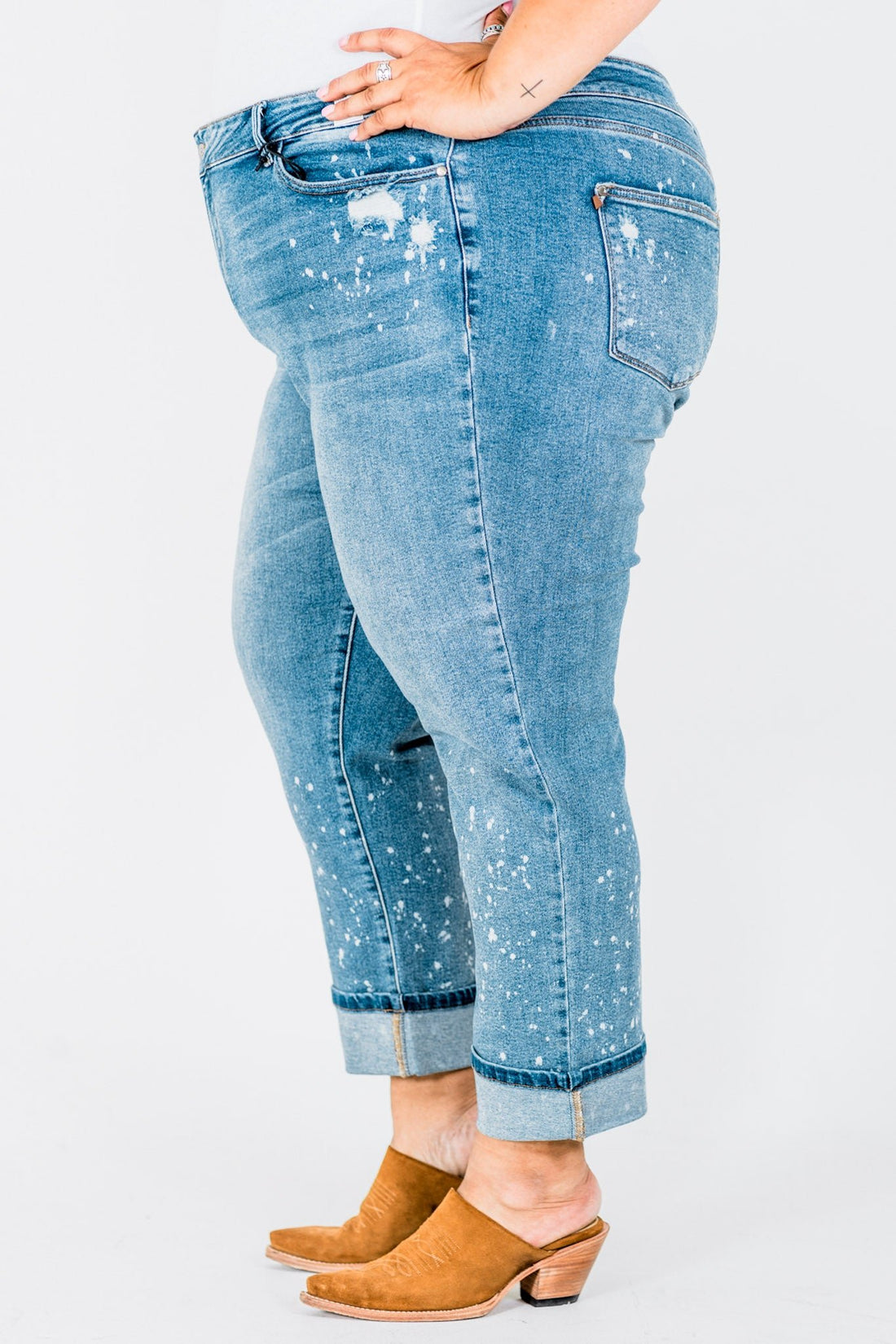 Judy Blue Mid Rise Bleach Splatter Boyfriend Jeans - Whiskey Skies - JUDY BLUE