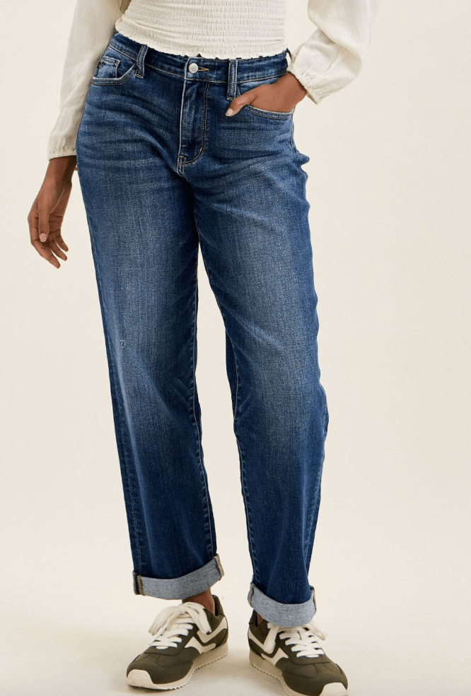 Judy Blue Mid Rise Boyfriend Jeans In True Indigo - Whiskey Skies - JUDY BLUE