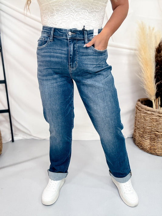 Judy Blue Mid Rise Boyfriend Jeans In True Indigo - Whiskey Skies - JUDY BLUE