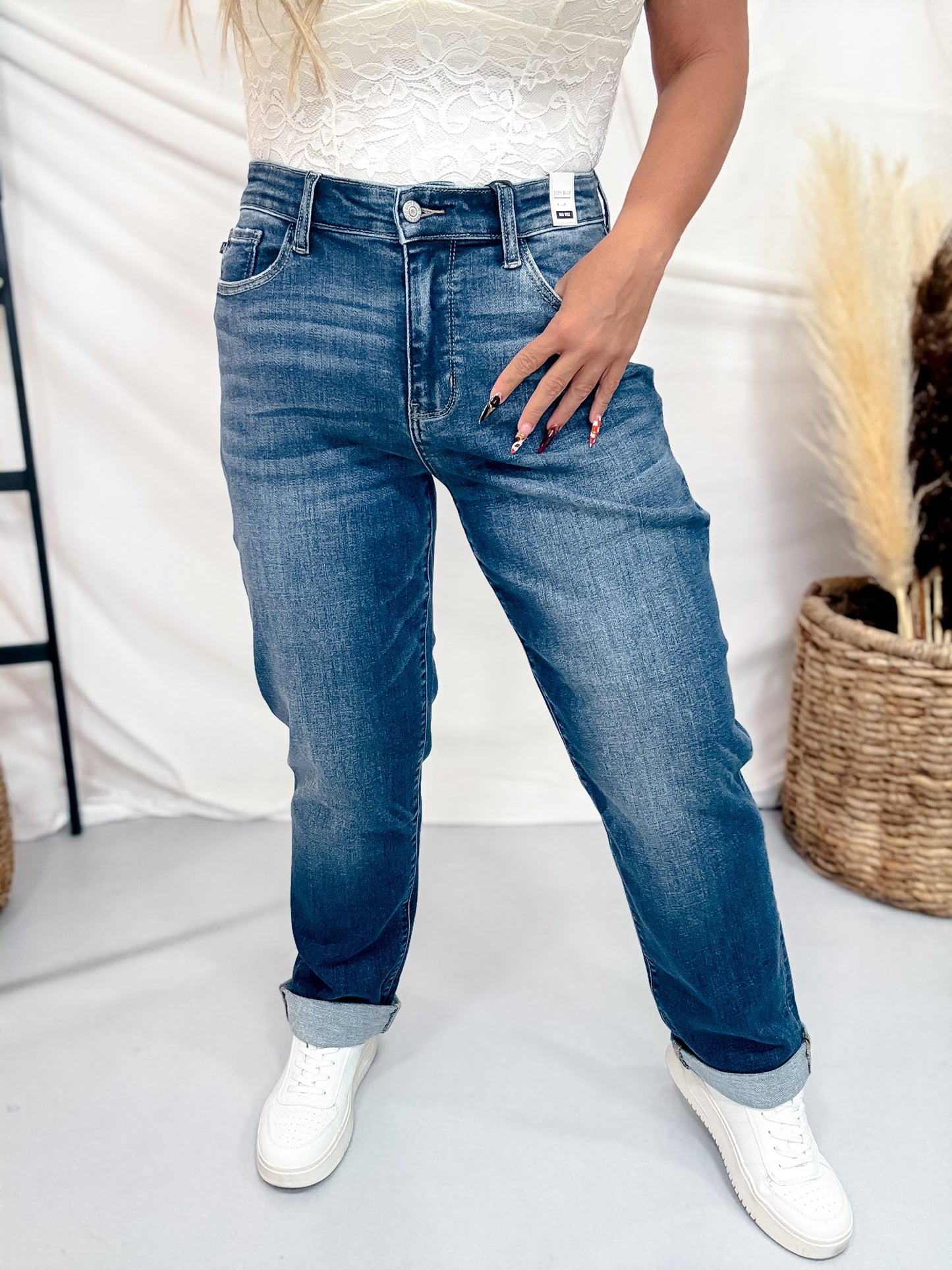 Judy Blue Mid Rise Boyfriend Jeans In True Indigo - Whiskey Skies - JUDY BLUE