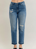 Judy Blue Mid - Rise Boyfriend Patch & Repair Jeans - Whiskey Skies - JUDY BLUE