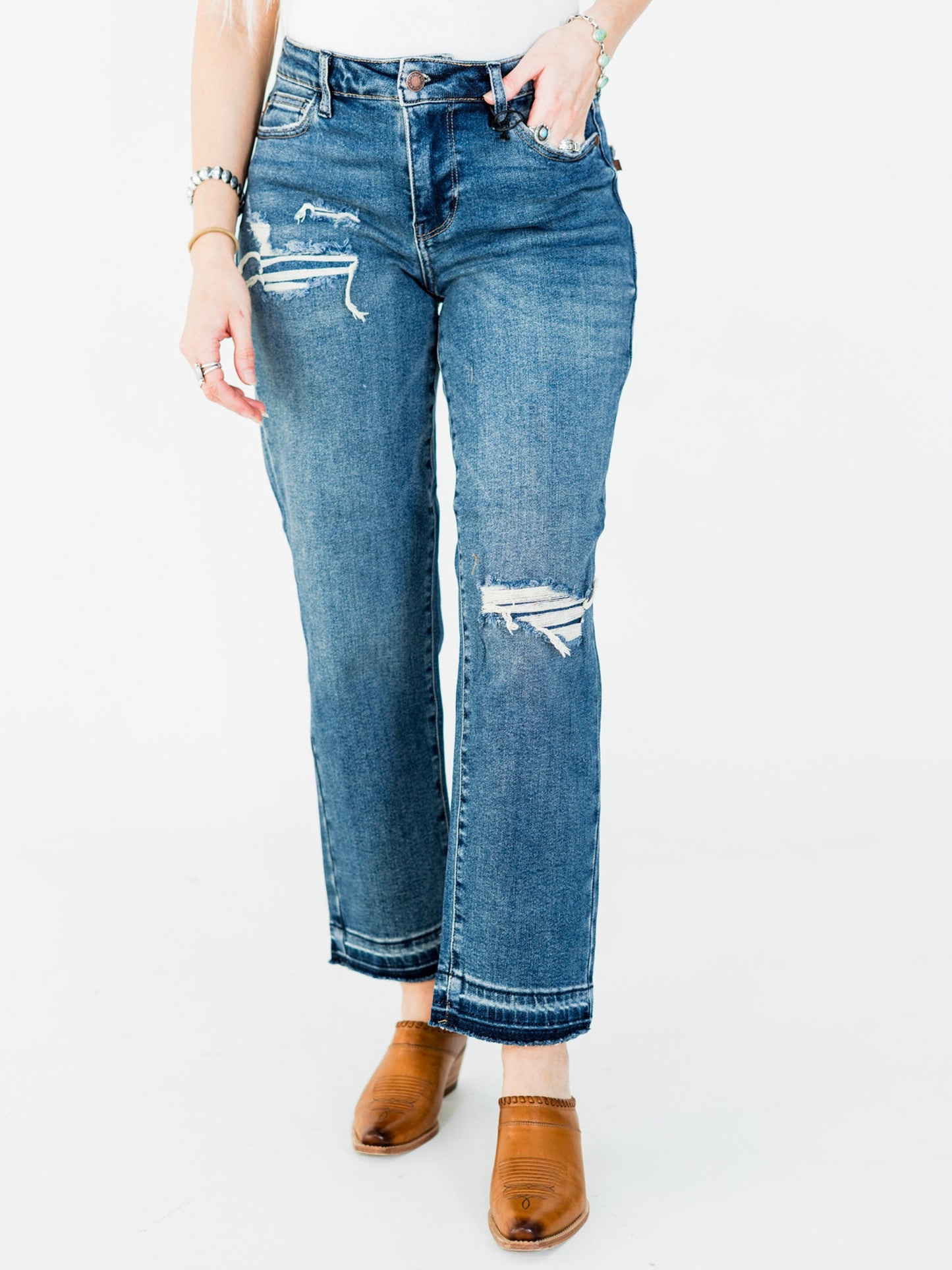 Judy Blue Mid - Rise Boyfriend Patch & Repair Jeans - Whiskey Skies - JUDY BLUE