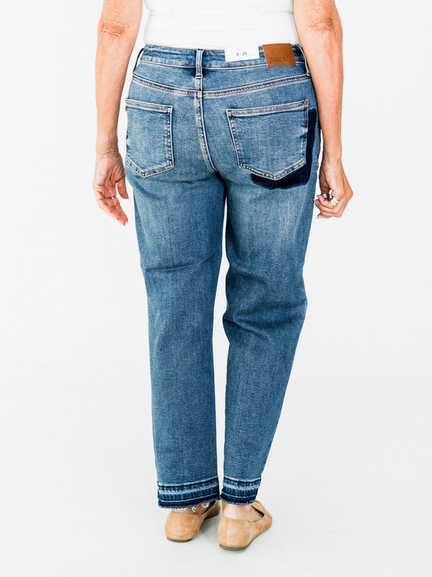 Judy Blue Mid - Rise Boyfriend Patch & Repair Jeans - Whiskey Skies - JUDY BLUE