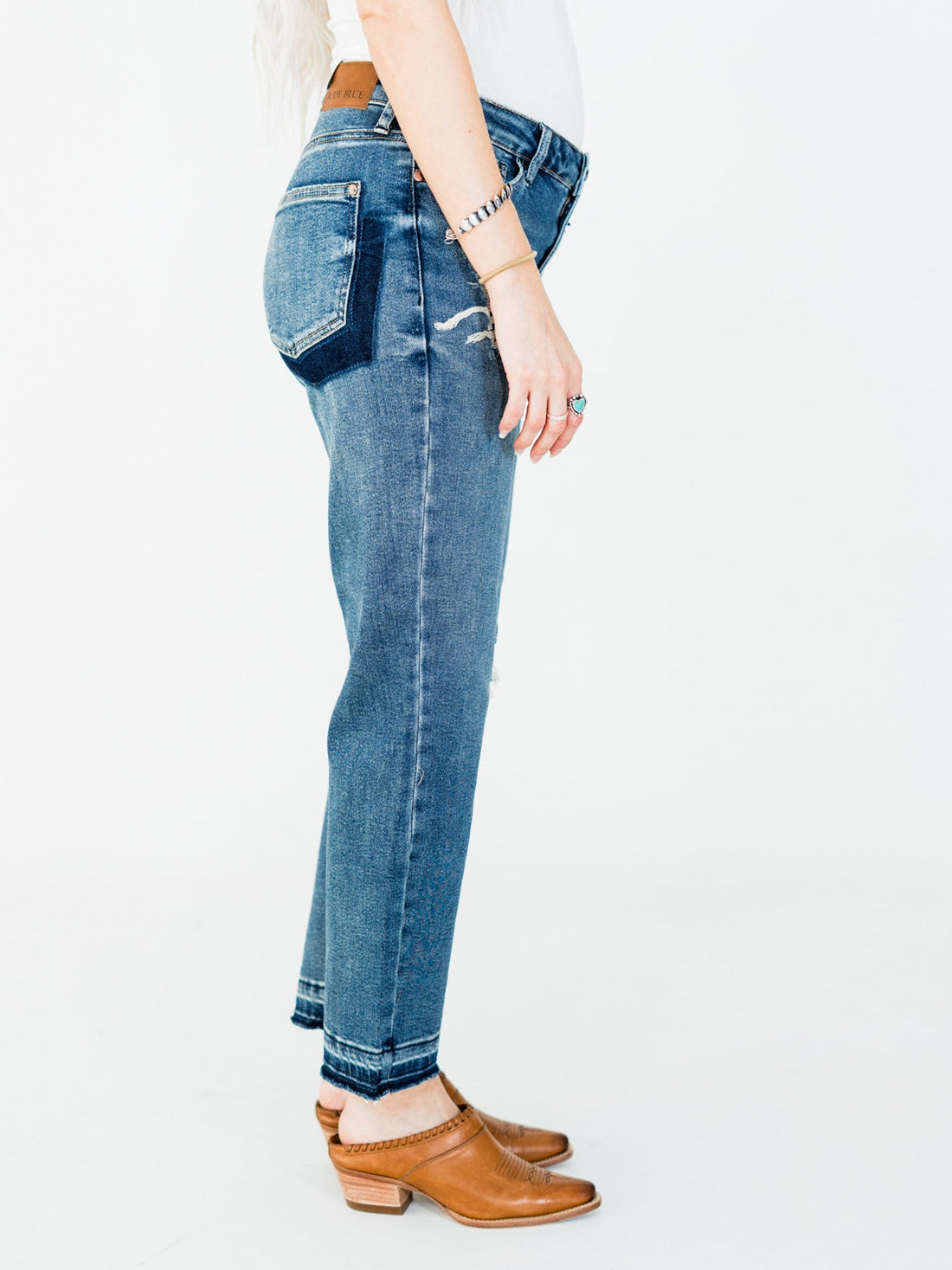 Judy Blue Mid - Rise Boyfriend Patch & Repair Jeans - Whiskey Skies - JUDY BLUE
