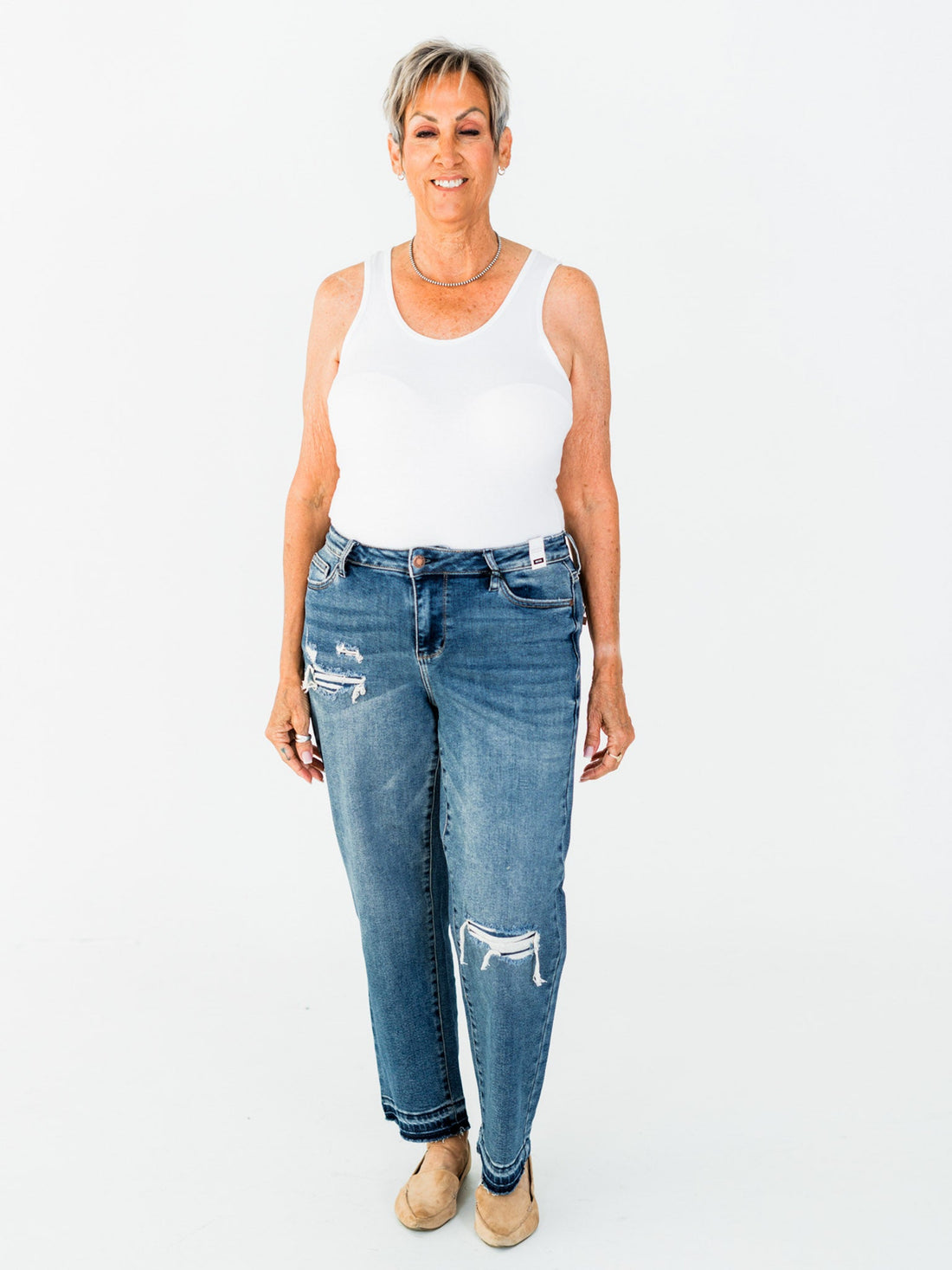 Judy Blue Mid - Rise Boyfriend Patch & Repair Jeans - Whiskey Skies - JUDY BLUE