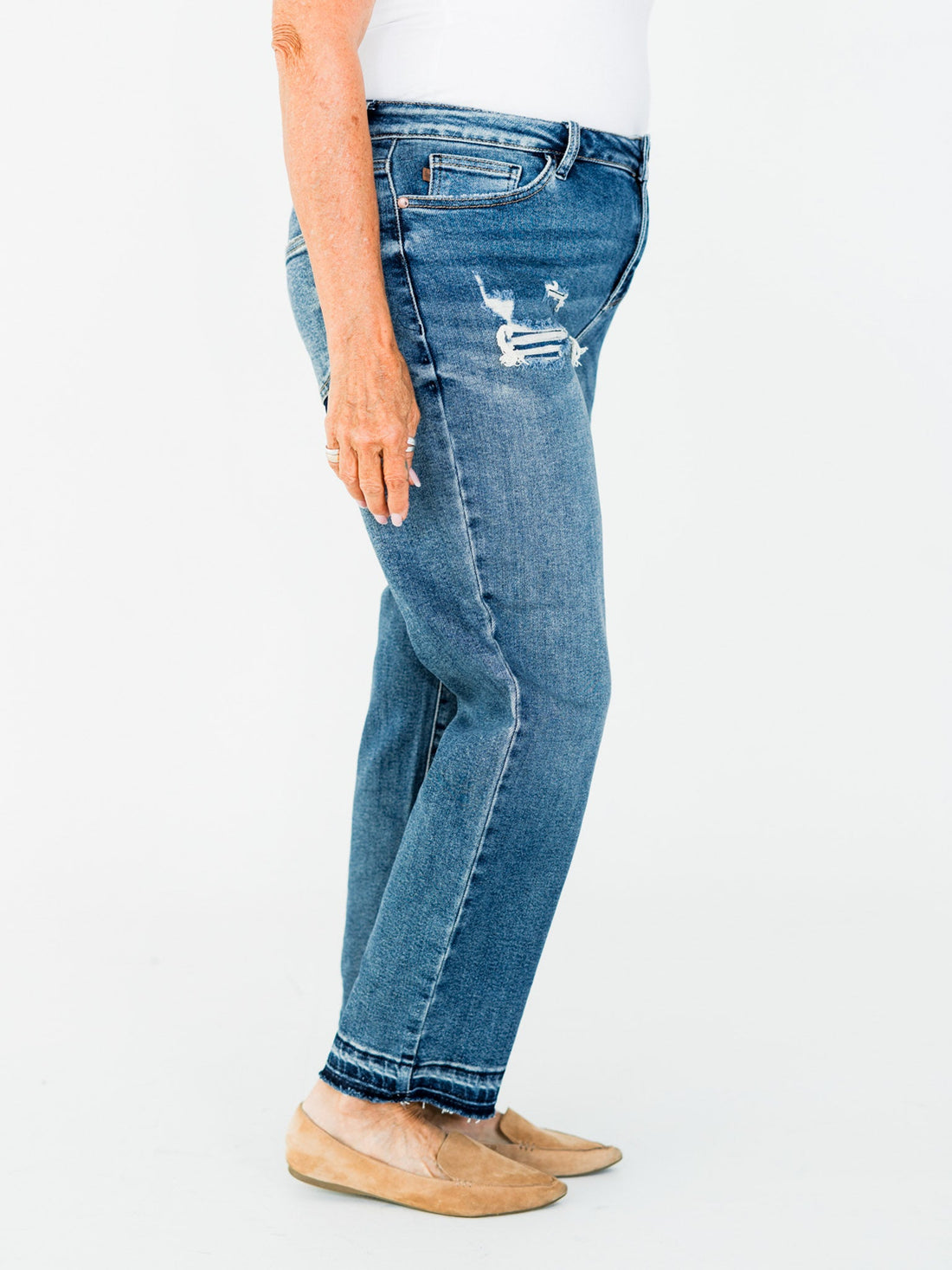 Judy Blue Mid - Rise Boyfriend Patch & Repair Jeans - Whiskey Skies - JUDY BLUE