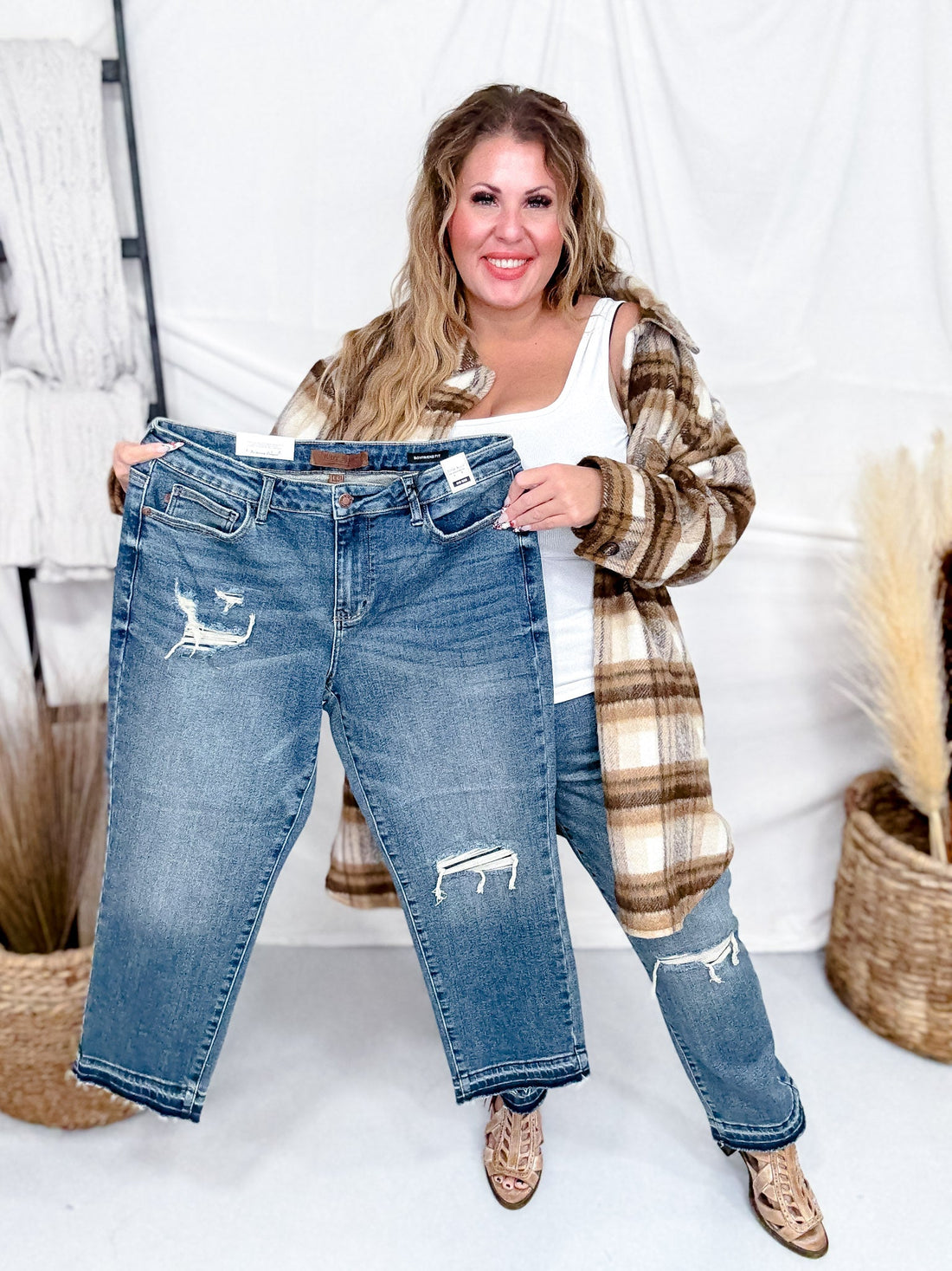 Judy Blue Mid - Rise Boyfriend Patch & Repair Jeans - Whiskey Skies - JUDY BLUE