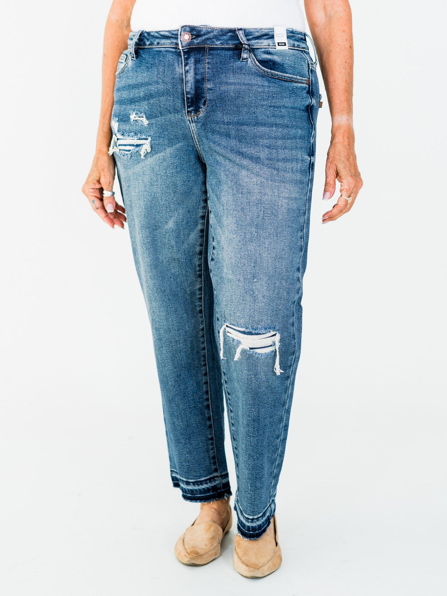 Judy Blue Mid - Rise Boyfriend Patch & Repair Jeans - Whiskey Skies - JUDY BLUE
